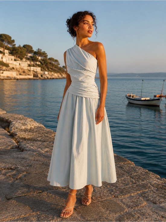 Chillinen/Linen Vibes Dresses & Skirts - One-Shoulder Pale Blue Wrap-Detail Women’s Dress 229